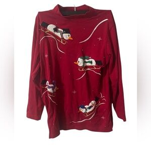 Vintage  Bechamel Holiday Sweater Red Sledding Snowmen Christmas Size L RARE